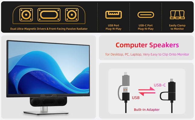 Computer Speakers for Desktop PC, Monitor Speakers, USB Plug-In, Wired, External Speaker for Laptop, Small Computer Soun