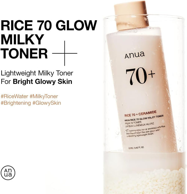 ANUA Rice 70 Glow Milky Toner, for Glass Skin, Rice Water, Niacinamide, Ceramides, Panthenol, Fragrance-Free, Non Comedogenic, Fungal Acne Safe,