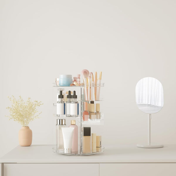 Rotating Makeup Organizer, DIY 8 Adjustable Layers Spinning Skincare Organizer, Cosmetic Display Case with Brush Holder Perfume Tray,