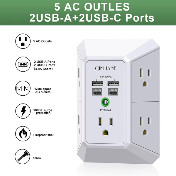 USB Wall Charger, Surge Protector, QINLIANF 5 Outlet Extender with 4 USB Charging Ports (4.8A Total) 3-Sided 1680J Power Strip Multi Plug Outlets