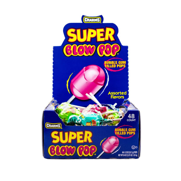 Charms Super Blow Pop Lollipops - Dual Candy and Gum Suckers - Bulk Treats for Kids and Adults - Assorted Flavors, 48 Count