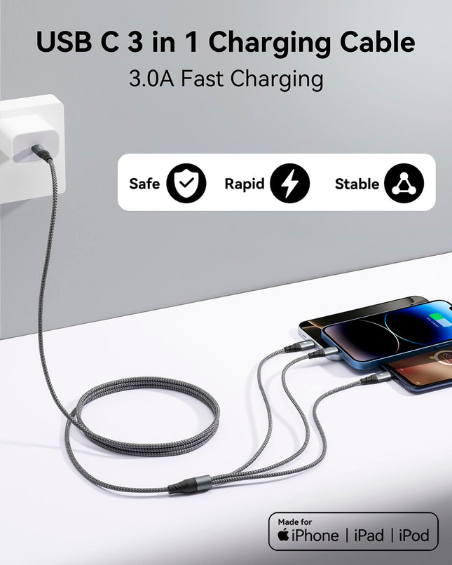 USB C Multi Charging Cable 3A,[2Pack 4FT] 3 in 1 Charging Cable Nylon Braided Multiple Phone Charger Cord Fast Iphone Ch