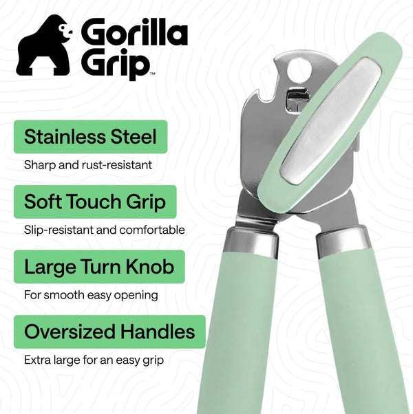 The Original GORILLA GRIP Heavy Duty Stainless Steel Smooth Edge Manual Can Opener and Bottle Openers, Soft Ergonomic Handle, Oversized Handheld