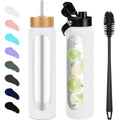 32 Oz Glass Water Bottles - 1 Liter Motivational Tumbler Water Bottle Time Marker - Borosilicate Glass Water Bottle with Silicone Sleeve and 2