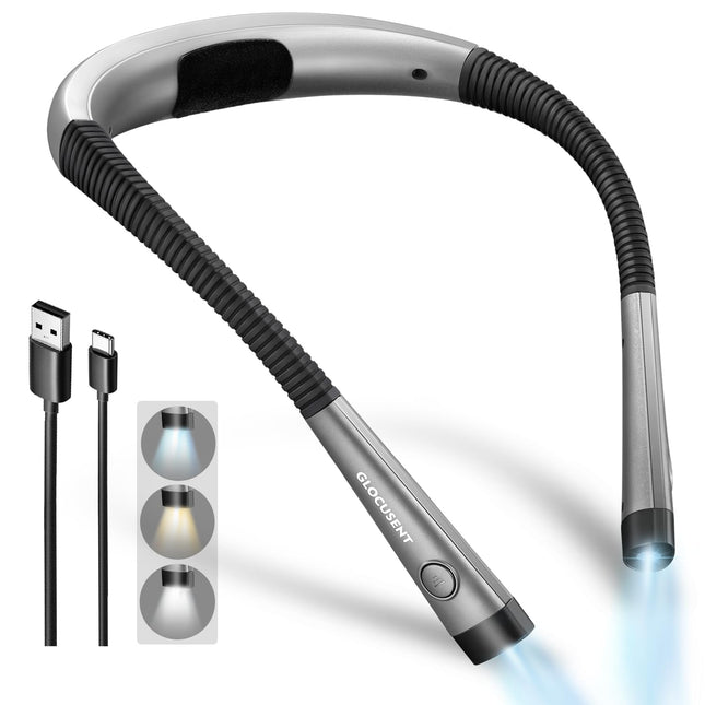 Glocusent Book Light, 3-Color & 6-Brightness Reading Light, Bendable Neck Light, 80-Hr Lasting Rechargeable Lamp, Perfec