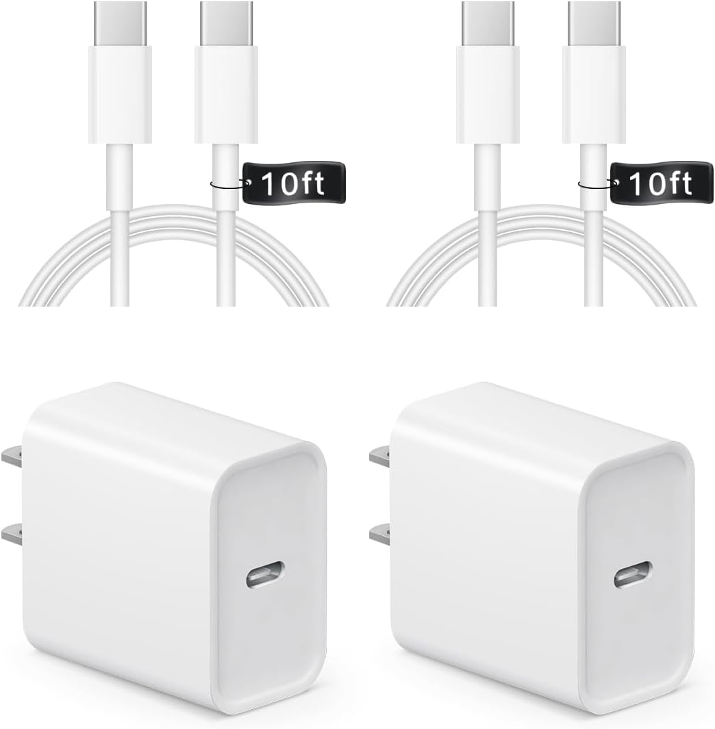 Iphone 16 15 Charger Fast Charging 10Ft - 2 Pack 20W USB C Wall Charger Block and Type C to C Cable Compatible with Iphone 16/16 Pro/16 Pro Max/Iphone 15, Ipad Pro, Air 5/4, Ipad 10/Mini 6