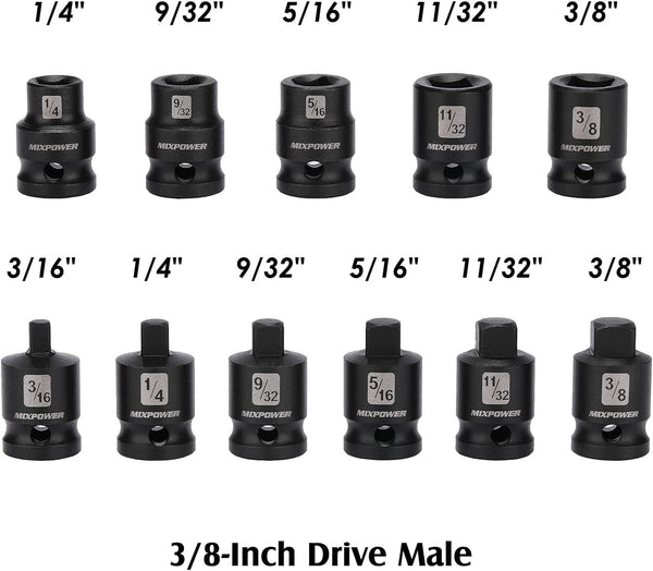 MIXPOWER 11 Pieces 3/8-Inch Drive Pipe Plug Socket Set, SAE, CR-MO, Tapered Male Square Drive, Chamfered Female Square Drive