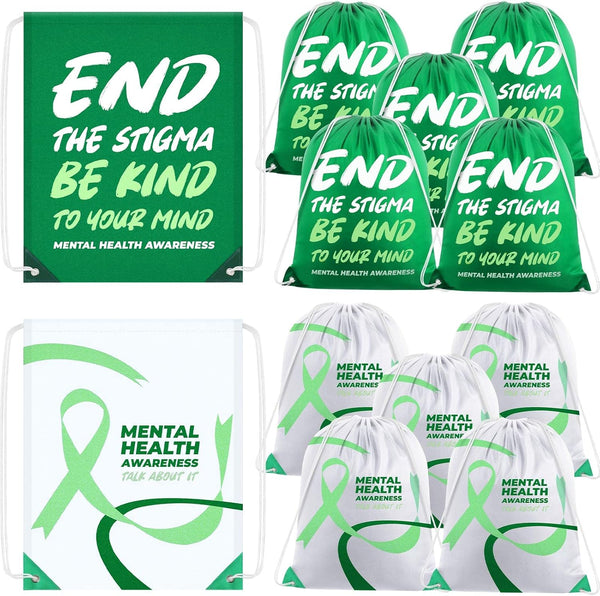 Kacctyen 12 Pcs Mental Health Drawstring Backpacks Stigma Cinch Bags Sport Gym Drawstring Bags Polyester Sack Pack Cinch Tote for Mental Health Awareness Gifts, Green, White