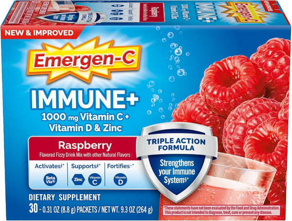 Emergen-C Immune+ Triple Action Immune Support Powder, Betavia (R), 1000Mg Vitamin C, B Vitamins, Vitamin D and Antioxidants, Raspberry â 30 Count