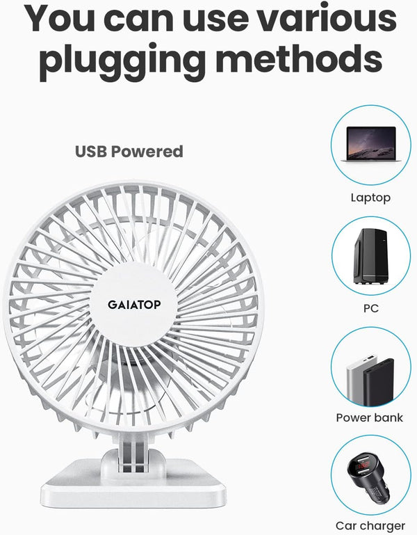Gaiatop USB Desk Fan, Small but Powerful, Personal Portable Quiet 3 Speeds, Adjustable Mini Table Desktop Fan for Cooling Home Office Car Summer