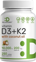 DEAL SUPPLEMENT Vitamin D3 10,000 IU + K2 MK7 200 Mcg, Infused with Virgin Coconut Oil, 250 Softgels, Double Strength Vitamin D & K, Promotes