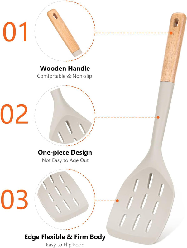 Pack of 2 Silicone Spatula, Non Stick Cooking Utensil Set Wooden Handle Kitchen Turner for Baking Mixing Grilling Serving Food Heat Resistant Non