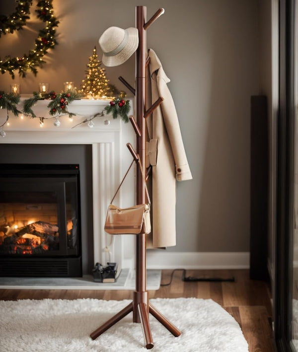 Pipishell Sturdy Wooden Coat Tree with 8 Hooks, 3 Adjustable Sizes for Clothes, Hat Stand Used in Bedroom/Office/Entryway, Brown