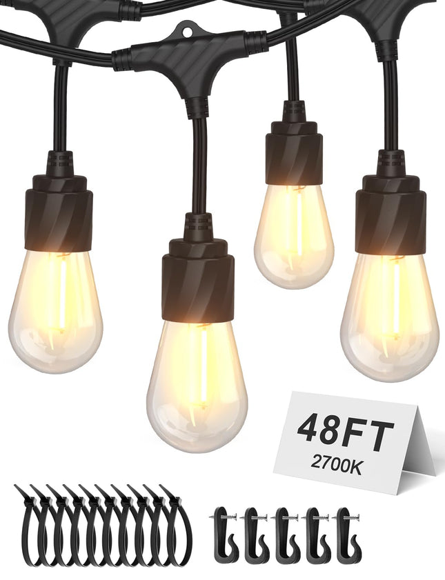 XMCOSY+ 48FT Outdoor String Lights Waterproof - LED Patio Hanging Lights for Outside Porch Backyard Gazebo Garden, Comme