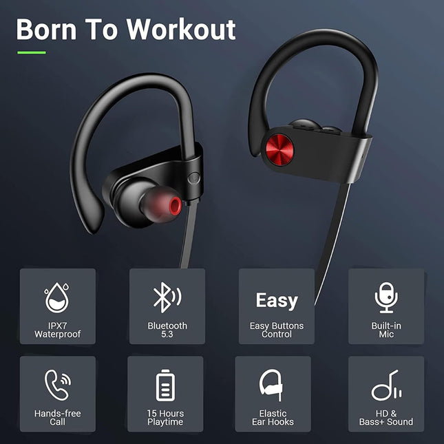 Bluetooth Headphones, Bluetooth 5.3 IPX7 Waterproof Wireless Sports Earbuds for Workout Gym, 16 Hrs Playtime Running Hea