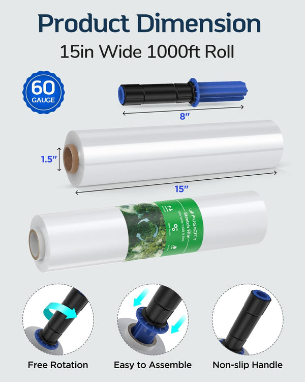 Fugacity Stretch Wrap Film-15 Inch 1000 Ft 60 Gauge Shrink Wrap for Pallet Wrapping, Industrial Strength 1 Roll Pallet Wrap with Handles, Moving