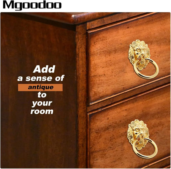 Mgoodoo 5Pcs Drawer Lion Head Pull Handle Knob Dresser Cabinet Pull Ring 1.97X3.54Inch Classical Antique Style Zinc Alloy Handle (Large|Gold)