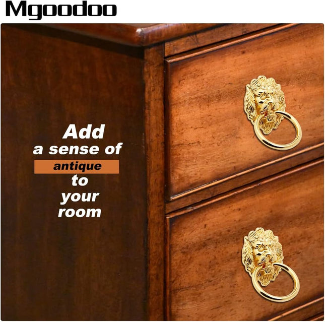 Mgoodoo 5Pcs Drawer Lion Head Pull Handle Knob Dresser Cabinet Pull Ring 1.97X3.54Inch Classical Antique Style Zinc Allo