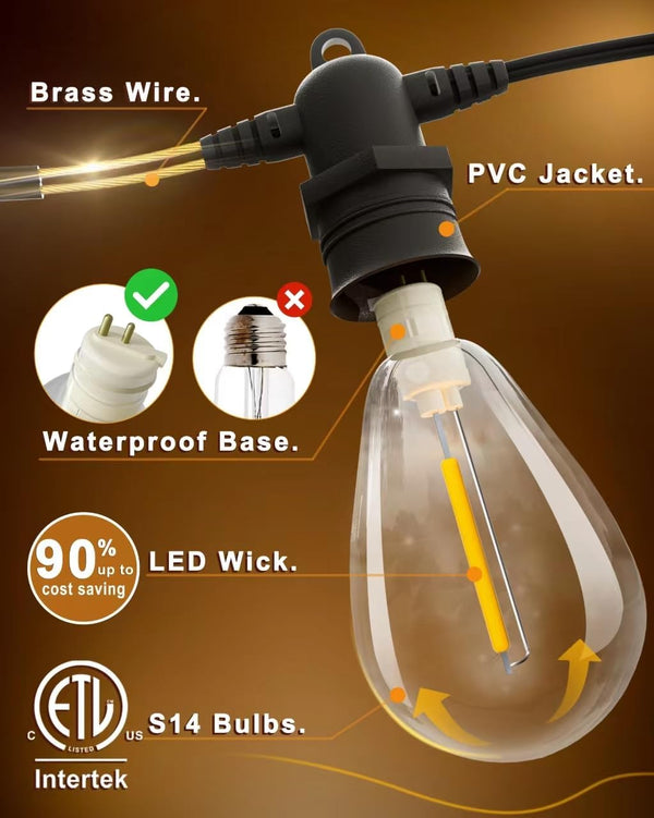 60FT LED Outdoor String Lights with 16+1 Edison Shatterproof IP65 Waterproof Bulbs, 2700K Dimmable Commercial Grade Patio Lights for Garden,