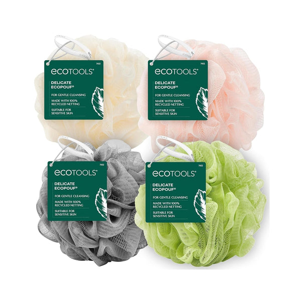 Ecotools Delicate Ecopouf 4 Pack, Loofah Sponge for Bath & Shower, Recycled Netting, Gentle Exfoliation, Pouf for Body Wash, Eco-Friendly Bath Accessory, Cruelty-Free, Color May Vary, (60G Each)