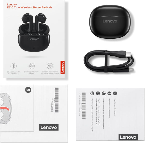 Lenovo E310 True Wireless Stereo Earbuds Bluetooth 5.3 ENC Noise-Cancelling Earbuds with 13Mm Speaker Type-C Charging 20H Battery Life for Music