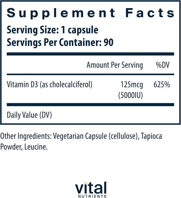 Vital Nutrients Vitamin D 5000 IU - Vitamin D3 Supplement - Healthy Bones, Teeth, Muscles*- Cellular & Immune Function - Calcium Absorption -