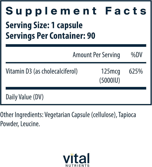 Vital Nutrients Vitamin D 5000 IU - Vitamin D3 Supplement - Healthy Bones, Teeth, Muscles*- Cellular & Immune Function -