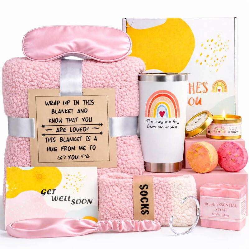 Get Well Soon Care Package for Women, 12 Pcs Deluxe Self-Care Gift Box with Pink Cozy Blanket, Tumbler, Candle & Spa Feel Better Basket – After