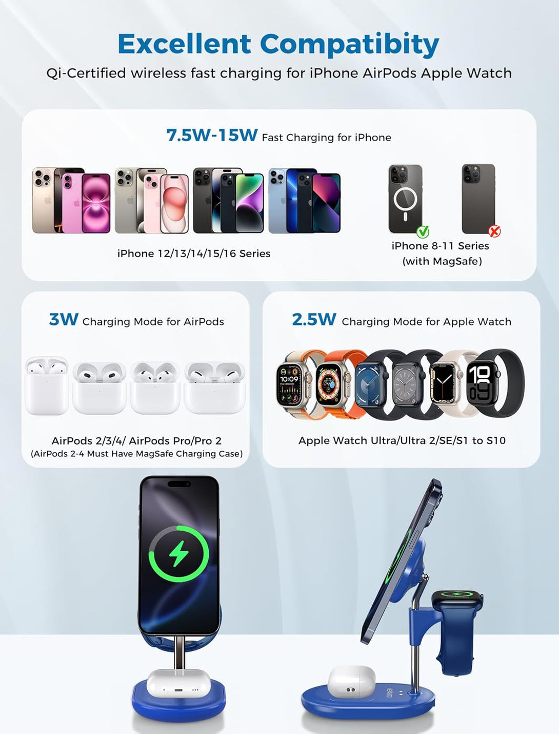 3 in 1 Wireless Charging Station for Apple Magsafe Charger, 15W Fast Qi-Certified Magnetic Mag-Safe Charger Stand for Iphone 16 15 14 13 12 Apple Watch Airpods, Adjustable Angle, Blue
