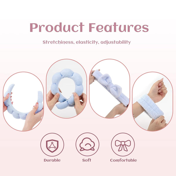 Sponge Spa Headbands for Women & Wristband Set,Puffy Makeup Headband Set for Washing Face,Soft Towel Skin Care Head Band,Cute Hair Band Shower 4 Pcs