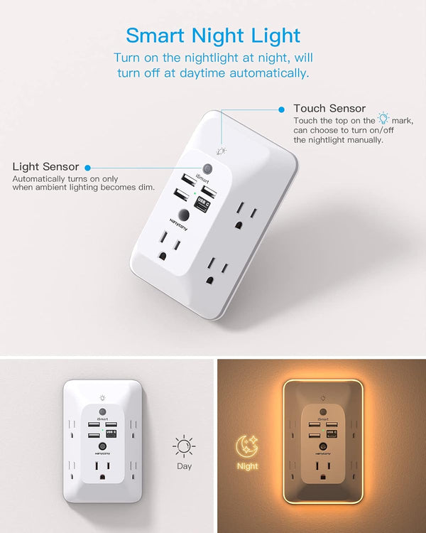 Outlet Extender with Night Light, HANYCONY Multi Plug Outlet, USB Wall Charger Surge Protector 4 USB Ports(1 USB C), Power Strip Electrical Outlet