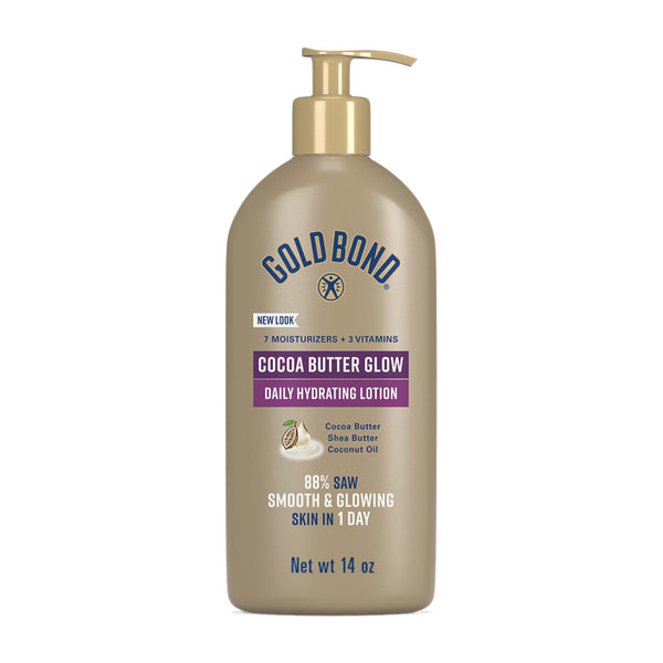 Gold Bond Cocoa Butter Glow Daily Hydrating Lotion with Shea Butter, Cocoa Butter & Coconut Oil, Exfoliating Moisturizer for Dry Skin, 14 oz. 14