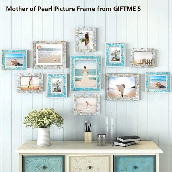 GIFTME 5 Beach Picture Frame 8X10,Mosaic Picture Frame Mother of Pearl,Turquoise Tabletop or Wall Hanging Photo Frame(8X10 Inch, Blue,1Pc)