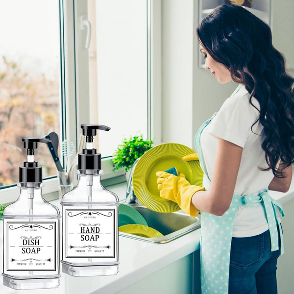 Clear Soap Dispenser with Pump, Waterproof Labels (2 Pack,18 Oz), Plastic Hand Soap Dispenser, Dish Soap Dispenser for Kitchen and Bathroom, Soap