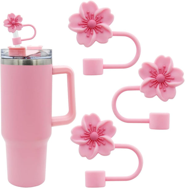 3Pcs Cherry Blossom Silicone Straw Cover Cap for Stanley Cup,Straw Topper 10 Mm 0.4 in Reusable Straw Tips Lids,Flower Straw Tip Covers Gift for