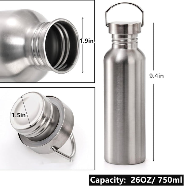 Yopay 2 Pack Stainless Steel Sports Water Bottles, 26OZ Single Walled 18/8 Stainless Steel Water Bottle with Handle, Uninsulate Metal Water Bottle