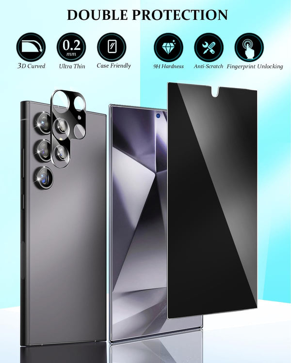 Compatible for Samsung Galaxy S24 Ultra Privacy Screen Protector Tempered Glass with Camera Lens Protector, Support Fingerprint ID Anti-Spy