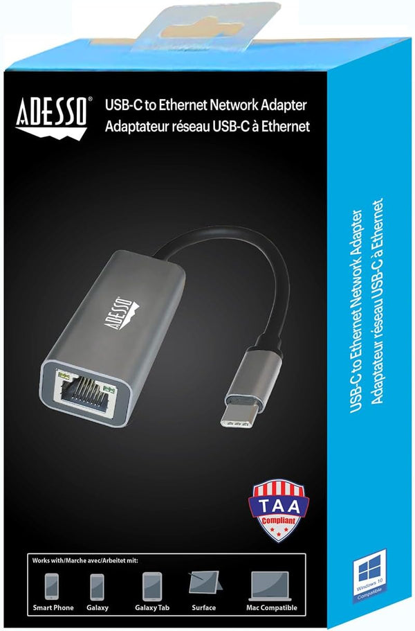 Adesso AUH-5000 USB-C to Ethernet Network Adapter - Gigabit Speed, Aluminum Alloy Case, LED Indicator, Plug & Play, Compatible with Windows, Mac
