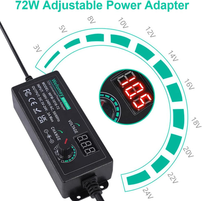 Universal Power Supply 3V~24V 3A 72W Adjustable Variable 3V 5V 9V 12V 18V 20V 24V AC/DC Adapter Charger, 100V-240V AC to