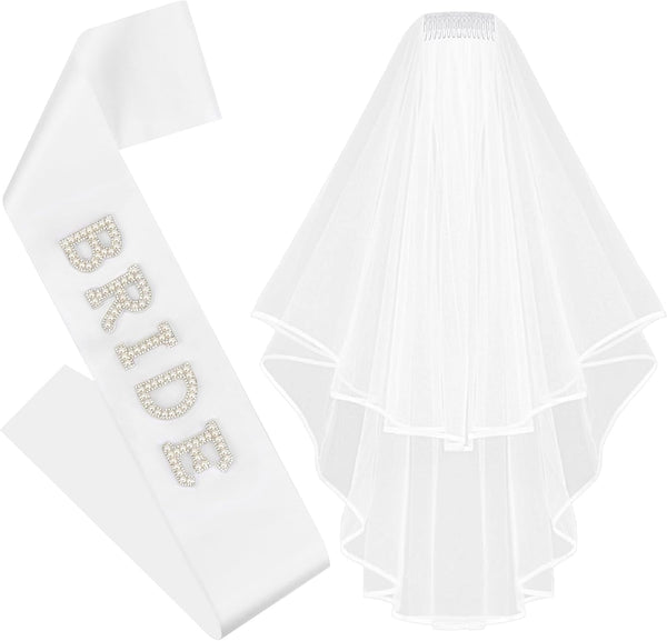 Chanaco Bride to Be Sash Bridal White Veil for Wedding 2Pcs Bride Pearl Satin Sash Bachelorette Party Decorations Double Edge Center Cascade Bridal Shower Veil with Comb Engagement Gifts