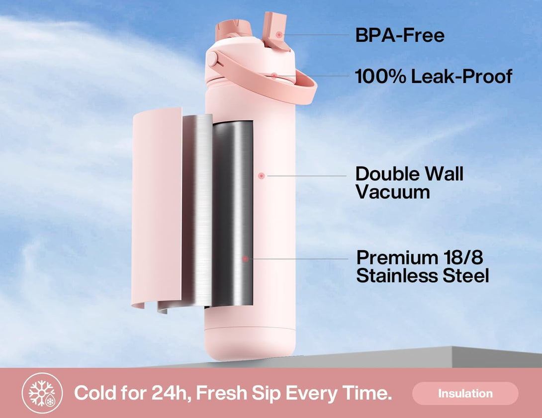 26 Oz Insulated Water Bottle with 2-In-1 Straw and Spout Lid, Keep Cold 24H, Leak-Proof, Fits in Car Cup Holder, Stainless Steel Water Bottle for Sports, Travel, and School (Cotton Candy)