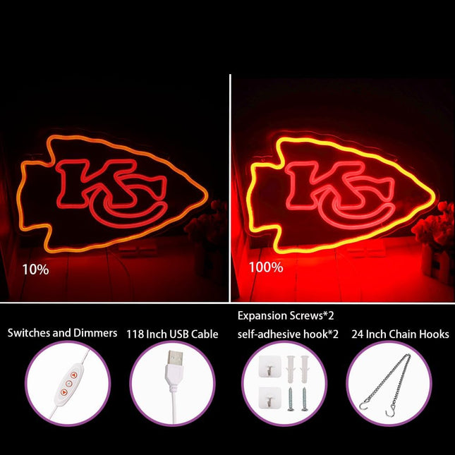 Football Rugby Sports Neon Sign Suitable for Chiefs KC Logo for Wall Decor USB Powered Dimmable Led Light up Signs for G