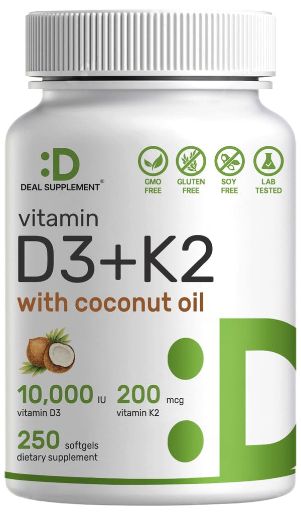 DEAL SUPPLEMENT Vitamin D3 10,000 IU + K2 MK7 200 Mcg, Infused with Virgin Coconut Oil, 250 Softgels, Double Strength Vitamin D & K, Promotes