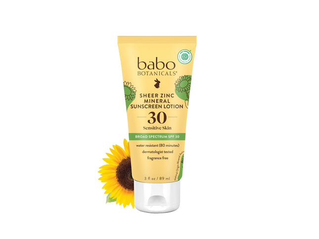Babo Botanicals Sheer Zinc Mineral Sunscreen Lotion SPF30 - Natural Zinc Oxide - Shea Butter - Face & Body - Water Resis