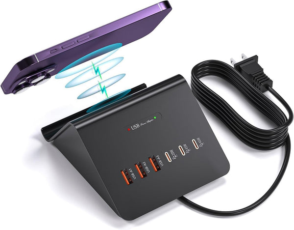 Multi-Device Charging Station, 100W Gan 6-Port USB C Charger Hub with 45W PD Wall Adapter & 15W Wireless Charger. Compatible with Iphone, Ipad,