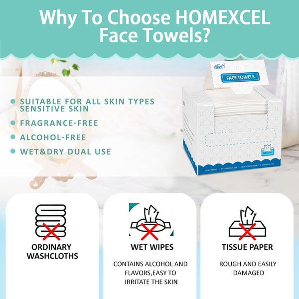HOMEXCEL Face Towels, Disposable Face Towelette, Biodegradable Makeup Remover Dry Wipes 50 Count, Super Soft Clean Facial Towels Wash Cloth for