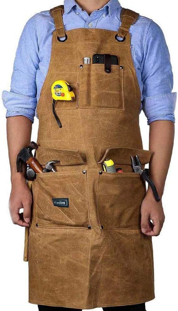 Waxed Canvas Shop Apron for Men & Women.Woodworking Aprons Heavy Duty Work Apron with Pockets. Big Bulk Tool Apron with Adjustable Cross-Back