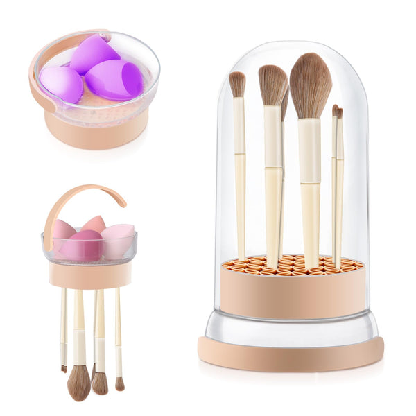 3 in 1 Makeup Brush Cleaner Mat, Silicone Makeup Brush Cleaner Bowl and Dryer, Waterproof Makeup Brush and Sponge Cleaner with Lid (Khaki)