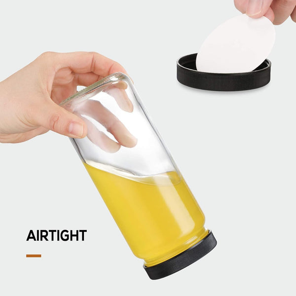 [ 8 Pack ] Glass Juicing Bottles with 2 Straws & 2 Lids W Hole- 16 OZ Travel Drinking Jars, Water Cups with Black Airtight Lids, Reusable Tall