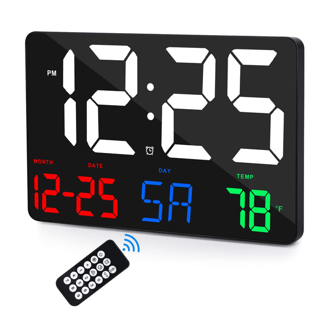 Digital Wall Clock,11.5" LED Digital Alarm Clock Large Display,With Remote Control,Adjustable Brightness, Calendar, Temp